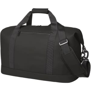 A black duffle bag with sturdy handles and an adjustable strap, featuring a zippered pocket on one side.