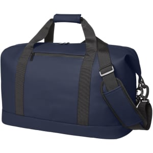 A navy duffle bag with two handles, a shoulder strap, and a front zip pocket. Features a branding logo.