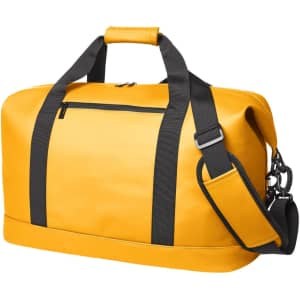 A bright yellow duffle bag made from durable material, featuring black handles and a shoulder strap.