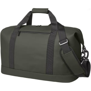 A dark green duffle bag with strong handles and an adjustable shoulder strap, featuring a front zip pocket and branding.