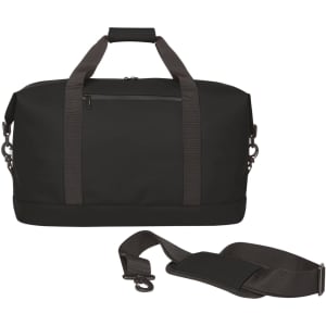 A black duffle bag with sturdy handles and a detachable shoulder strap. It features a zippered pocket and a logo.