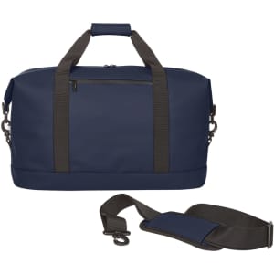 A navy duffle bag with a zip pocket and adjustable shoulder strap, featuring dark grey handles.