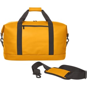 A yellow duffle bag with black straps and a removable shoulder strap, featuring a zippered pocket on one side.