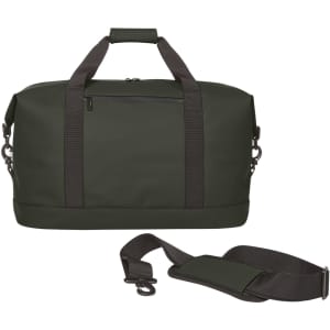 A dark green duffle bag with sturdy handles and an adjustable shoulder strap, featuring a zippered pocket.