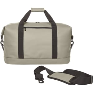 A light grey duffle bag with black straps and a detachable padded shoulder strap, featuring a zippered pocket on the front.