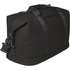 A black duffle bag with a zippered pocket and adjustable shoulder strap. It features sturdy handles and logo branding.