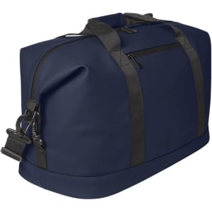 A navy duffle bag with black straps and accents, featuring a zip pocket and a detachable shoulder strap.