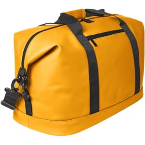 A yellow duffle bag with black straps and zippers, featuring a stylish design and a single shoulder strap.