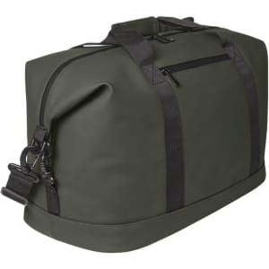 A dark green duffle bag with black straps and a zippered pocket, featuring a logo.