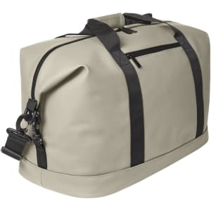 A light grey duffle bag with black straps and a side zipper, featuring a clip attachment and a logo.