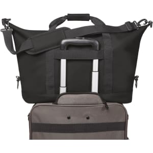 A black duffle bag with a detachable shoulder strap and luggage handle, featuring a grey zippered compartment.