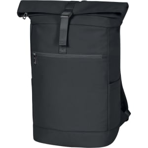 A black laptop backpack with a roll-top closure, featuring a front zip pocket and side mesh pockets. It has a logo.