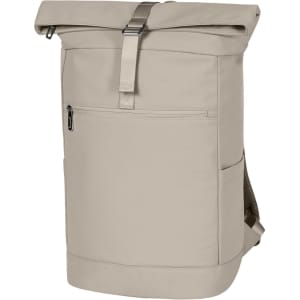 A beige laptop backpack with a roll-top closure, adjustable strap, and multiple pockets, including a zippered front.