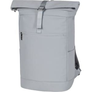 A grey roll-top laptop backpack with a front zip pocket and mesh side pockets. It features a logo on the exterior.