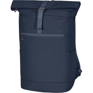 A navy blue laptop backpack featuring a roll-top design, adjustable straps, and a zippered front pocket.