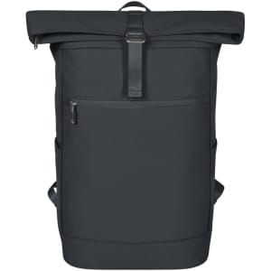 A dark grey laptop backpack featuring a roll-top closure and front pocket, with adjustable shoulder straps.
