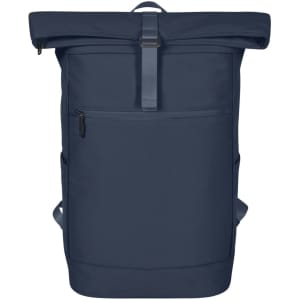 A navy blue laptop backpack with a roll-top design, featuring exterior pockets and adjustable straps.