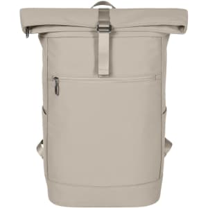 A beige laptop backpack with a roll-top design, featuring a front pocket and adjustable straps. It has a logo on the front.