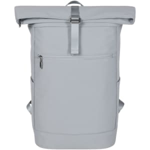 A grey laptop backpack with a roll-top closure and adjustable straps, featuring a front zip pocket and side pockets.
