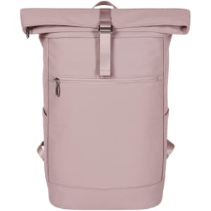 A pink laptop backpack featuring a roll-top closure, multiple pockets, and adjustable straps. It has a logo on the front.