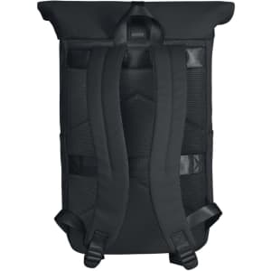A black laptop backpack with padded adjustable straps and a structured design, featuring a branding logo.
