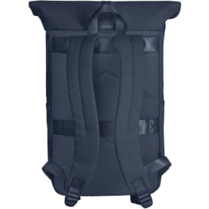 A navy blue laptop backpack featuring adjustable straps and a mesh back panel for comfort. Includes pockets for storage.