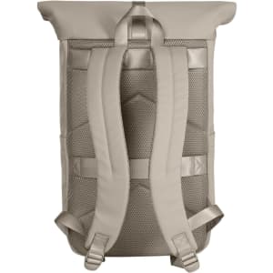 A beige laptop backpack featuring padded shoulder straps and a textured back for comfort. It includes a logo on the exterior.