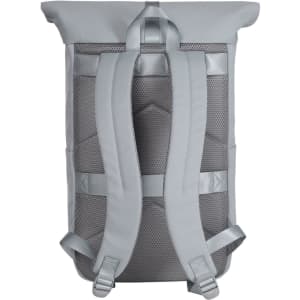 A grey laptop backpack with padded mesh straps and a roll-top design, featuring a logo on the front.