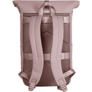 A rose-coloured laptop backpack featuring padded shoulder straps and a textured back for comfort. It has a logo.
