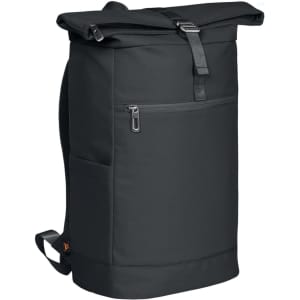 A black laptop backpack featuring a roll-top design, adjustable straps, and zippered pockets. It has a logo on it.