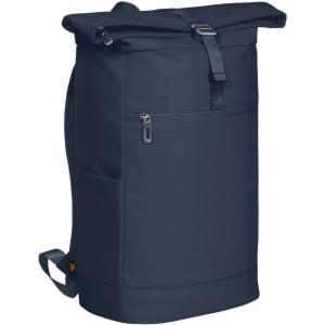 A navy blue laptop backpack with a roll-top closure, featuring zippers and adjustable straps. It has an external pocket and branding.
