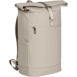 A beige laptop backpack with a roll-top design, adjustable straps, and a front zipper pocket. It features a logo.