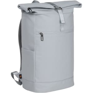 A grey laptop backpack with a roll-top closure, featuring multiple pockets and adjustable straps. It has a logo on it.