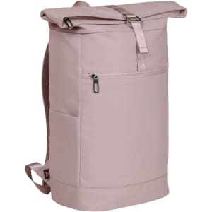 A pink laptop backpack with a roll-top design and a front zip pocket, featuring padded shoulder straps and a logo.