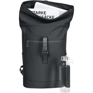 A black laptop backpack with an open top revealing documents inside and a clear drink bottle beside it. It has a front pocket and a logo.