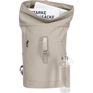 A beige laptop backpack with a rolled top, zippered pocket, and a clear drink bottle beside it.