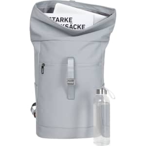 A grey laptop backpack with a roll-top design, featuring a front pocket and a transparent drink bottle beside it.