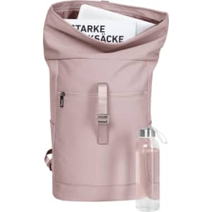 A pink laptop backpack with a roll-top design, featuring a front pocket and a drink bottle alongside it.