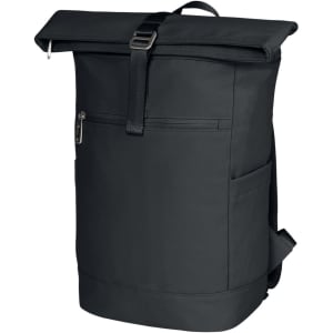 A black backpack with a roll-top design, featuring a front zip pocket and adjustable straps. It has a logo.