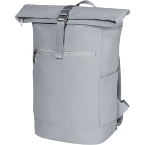 A grey backpack with a roll-top closure, featuring a front zip pocket and adjustable straps. It has a logo on the side.