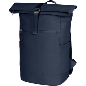 A navy blue backpack with a roll-top closure, front zip pocket, and side mesh pocket. It features a logo.