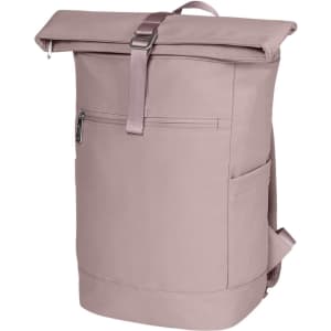A pink backpack with a roll-top design, a front pocket, and adjustable straps, featuring a logo.