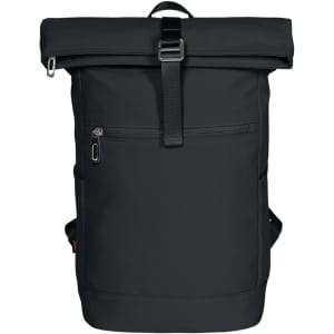 A black backpack with a roll-top closure, front zipper pocket, and adjustable straps. It features a logo.
