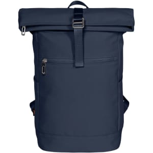 A navy blue roll-top backpack with a front zip pocket and adjustable straps. It features a branded logo.