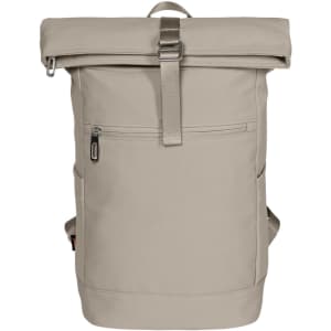 A beige backpack with a roll-top closure, featuring a front zip pocket and adjustable straps. It has a branding logo.