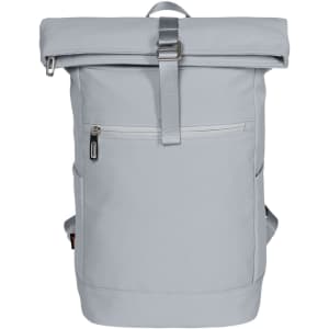 A light grey roll-top backpack featuring a front pocket and adjustable straps, with a logo on the design.