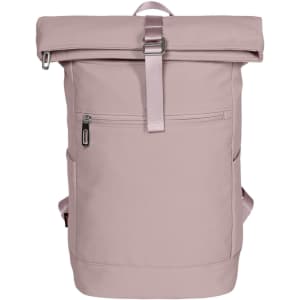 A pink backpack with a roll-top design, featuring a front zipper pocket and adjustable shoulder straps.