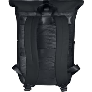 A black backpack with padded straps and a textured back panel. Features a roll-top closure and branding.