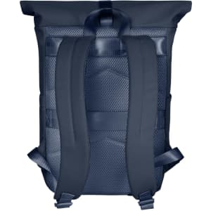 A navy blue backpack with padded shoulder straps and a textured back panel featuring a logo.