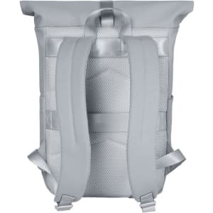 A grey backpack with padded shoulder straps and a mesh back for comfort, featuring a logo on the exterior.